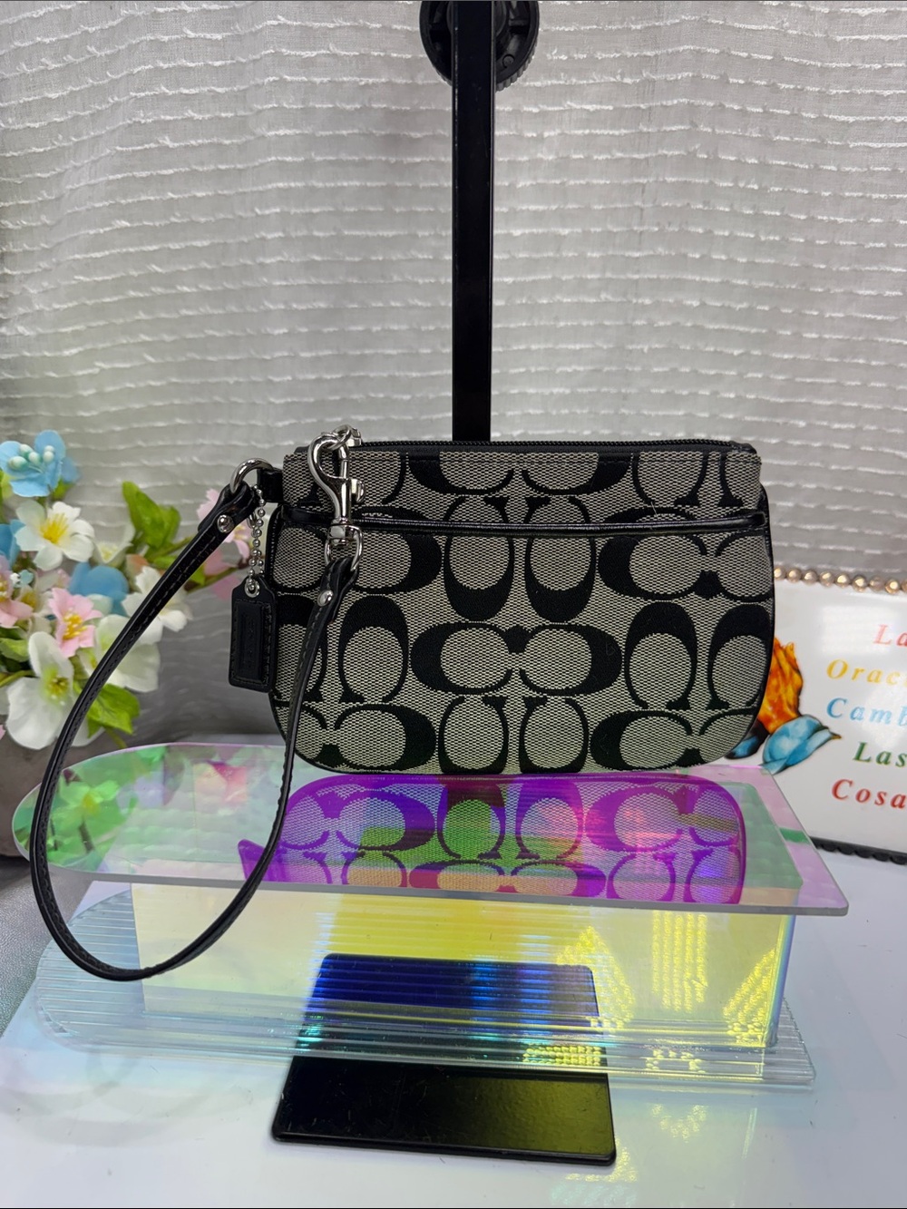 (O1) Coach vintage mini black and gray canvas clutch with Coach logo